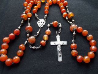 Large & Long Antique French Silver - Sterling Agate Rosary w/Marquess Crown 19th C 6