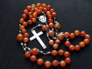 Large & Long Antique French Silver - Sterling Agate Rosary w/Marquess Crown 19th C 7