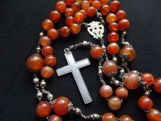 Large & Long Antique French Silver - Sterling Agate Rosary w/Marquess Crown 19th C 8