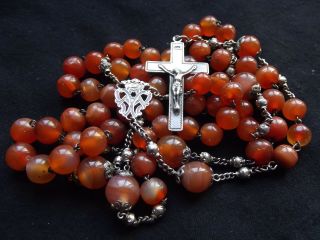 Large & Long Antique French Silver - Sterling Agate Rosary w/Marquess Crown 19th C 9