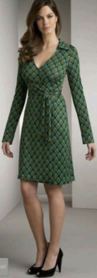 Diane Von Furstenberg Vintage Olive Emerald Peacock Green Jeanne Wrap Dress 8