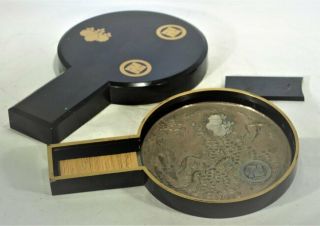 Antique Japanese Mirror In Gold & Black Lacquer Box