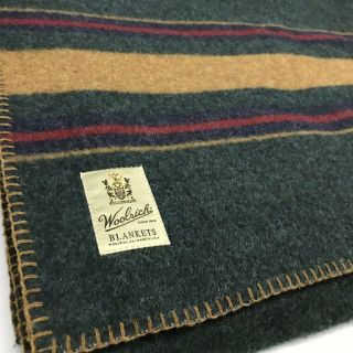 Vintage Woolrich 100 Wool Throw Blanket Forest Green Tan Red Blue Striped