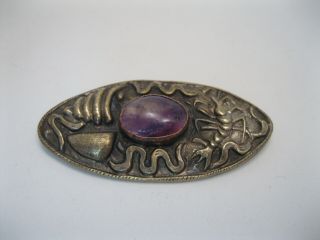Old Chinese Export Silver Pin / Brooch W Amethyst
