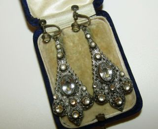 Long,  Art Deco,  Silver Wash Earrings With Old Cut Paste Gems