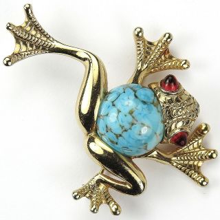 Boucher Gold Ruby Cabochons And Marbled Turquoise Tree Frog Pin