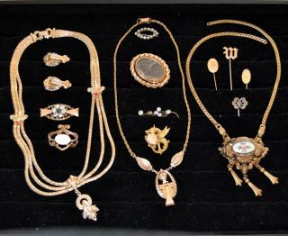 Victorian Nuveau Deco Antique 3 Necklaces 9 Lockets Earrings Brooches Very Old