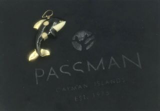 Bernard K Passman 14k Yellow Gold Black / White Coral Killer Whale Pendant Rare