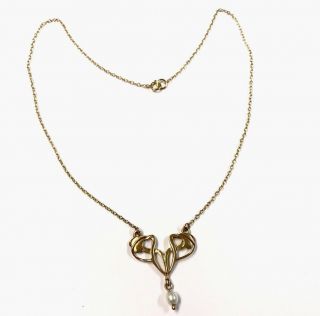 Vintage Scottish 9ct Gold Pearl Art Nouveau Style Pendant Chain Necklace Necklet