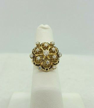 Vintage 14k Yellow Gold Cocktail Ring With Diamonds And Enamel