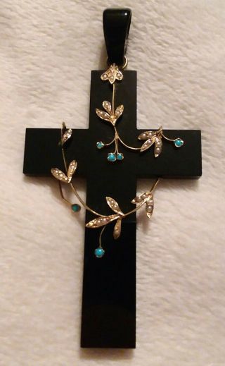 Antique Victorian 14k Gold Onyx Seed Pearl Mourning Cross Pendant Extra Large