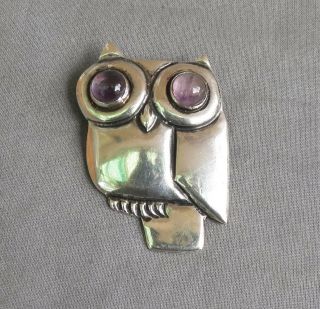Wonderful Vintage Silver Made In Mexico Owl Pin Brooch With Big Amethyst Eyes