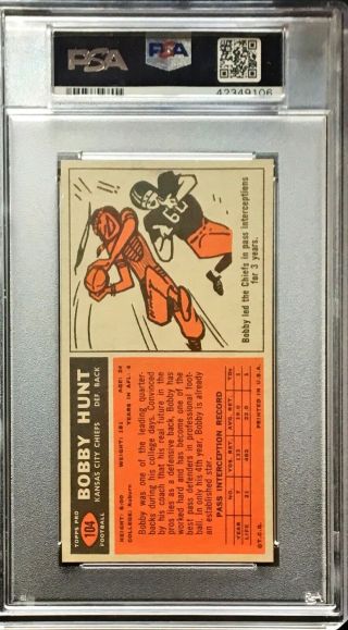 1965 TOPPS Bobby Hunt SP 104 PSA 9 1 OF 2 None Higher Extremly Rare 2