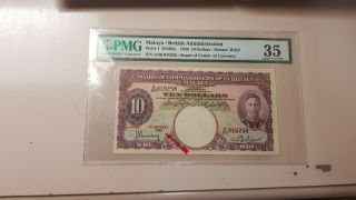 Malaya 10 Dollars 1940 Pmg35 Rare Keydate With Good Score