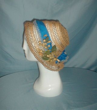 Antique Hat 1860 Straw Bonnet Royal Blue Silk Ribbon Trim