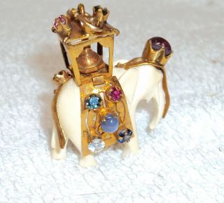 Bone Elephant Vintage Pendant 18 Kt Gold Howdah & Trim,  16 Mounted Gem stones 4