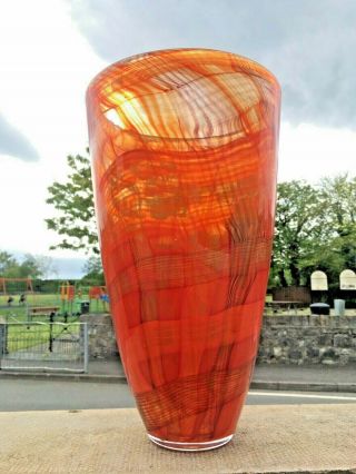 Large Vintage Orange Heavy 6kg Signed Svaja Glass Swirl Tall Designer Vase Retro