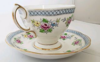 Royal Albert Trellis Tea Cup And Saucer Blue Yellow Flowers Pink Roses Moriage