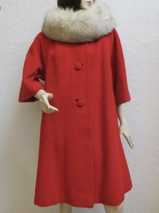 Vintage 1960s Lilli Ann Red Wool Mohair Red Swing Coat w/ Fox Fur Collar Piece 10