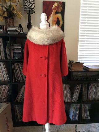 Vintage 1960s Lilli Ann Red Wool Mohair Red Swing Coat W/ Fox Fur Collar Piece