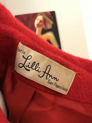 Vintage 1960s Lilli Ann Red Wool Mohair Red Swing Coat w/ Fox Fur Collar Piece 5