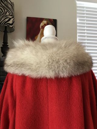Vintage 1960s Lilli Ann Red Wool Mohair Red Swing Coat w/ Fox Fur Collar Piece 9