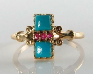Rare 9ct Gold Art Deco Ins Persian Turquoise & Indian Ruby Ring