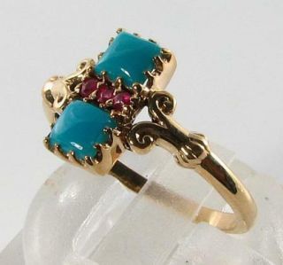 RARE 9CT GOLD ART DECO INS PERSIAN TURQUOISE & INDIAN RUBY RING 2