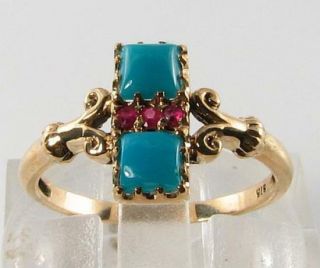 RARE 9CT GOLD ART DECO INS PERSIAN TURQUOISE & INDIAN RUBY RING 4