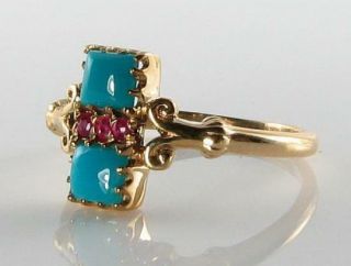 RARE 9CT GOLD ART DECO INS PERSIAN TURQUOISE & INDIAN RUBY RING 5