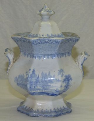 Antique 19th C Blue Transfer English Ironstone Sugar Bowl W/ Lid Transferware