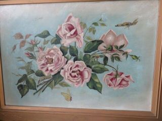 OMG Old Antique ROSE OIL PAINTING Blush Pink Roses Butterflies GESSO FRAME 10