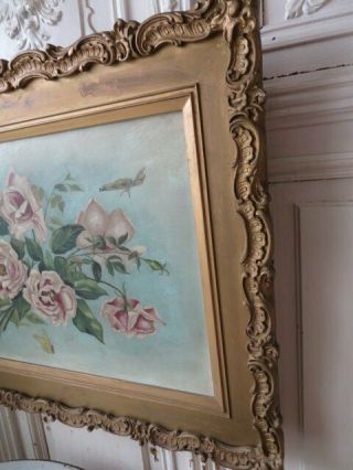 OMG Old Antique ROSE OIL PAINTING Blush Pink Roses Butterflies GESSO FRAME 12