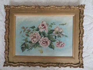 Omg Old Antique Rose Oil Painting Blush Pink Roses Butterflies Gesso Frame
