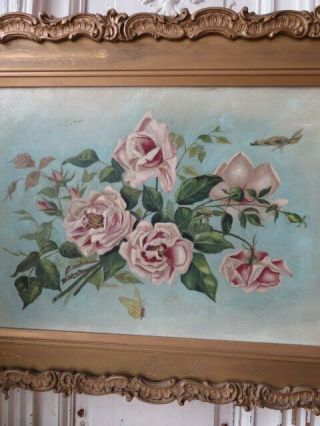 OMG Old Antique ROSE OIL PAINTING Blush Pink Roses Butterflies GESSO FRAME 2