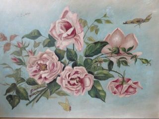 OMG Old Antique ROSE OIL PAINTING Blush Pink Roses Butterflies GESSO FRAME 3