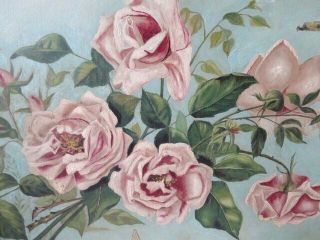 OMG Old Antique ROSE OIL PAINTING Blush Pink Roses Butterflies GESSO FRAME 4