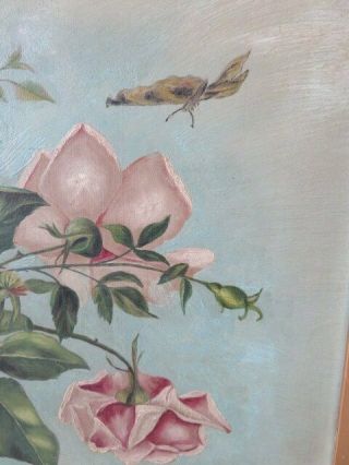 OMG Old Antique ROSE OIL PAINTING Blush Pink Roses Butterflies GESSO FRAME 5