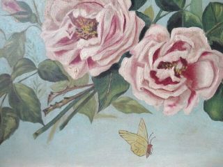 OMG Old Antique ROSE OIL PAINTING Blush Pink Roses Butterflies GESSO FRAME 6