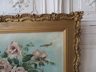 OMG Old Antique ROSE OIL PAINTING Blush Pink Roses Butterflies GESSO FRAME 7