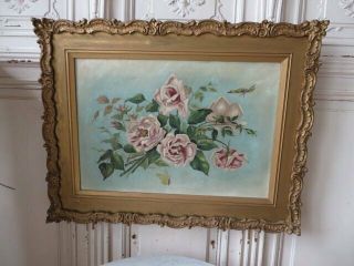 OMG Old Antique ROSE OIL PAINTING Blush Pink Roses Butterflies GESSO FRAME 9