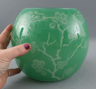 Antique Steuben Cameo Cut Matzu Jade Green Art Glass Vase,  Japanese Trees,  Nr