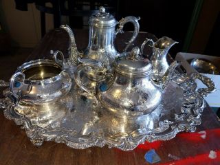 Antique Elkington Silverplate Tea Set And Webster Wilcox Tray Monogrammed " R "