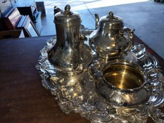 Antique Elkington Silverplate Tea Set and Webster Wilcox Tray Monogrammed 