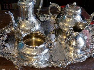 Antique Elkington Silverplate Tea Set and Webster Wilcox Tray Monogrammed 