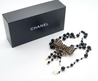 Authentic CHANEL Black Glass Bow Ribbon Necklace / Belt 35 
