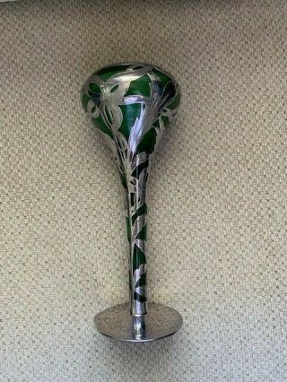 Art Nouveau Green Glass Monagrammed Vase With Sterling Overlay