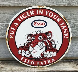 Vintage Esso Extra Gasoline Porcelain Sign,  Gas Station,  Pump Plate,  Tiger,  Oil