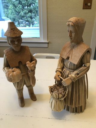 Corn Husk Dolls Thanksgiving Figures 11 " Tall Carved Wood Heads