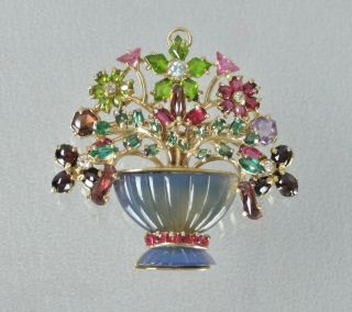 Vintage 14k Gold Multi Gemstone Flower Floral Basket Brooch Pendant 28.  3g